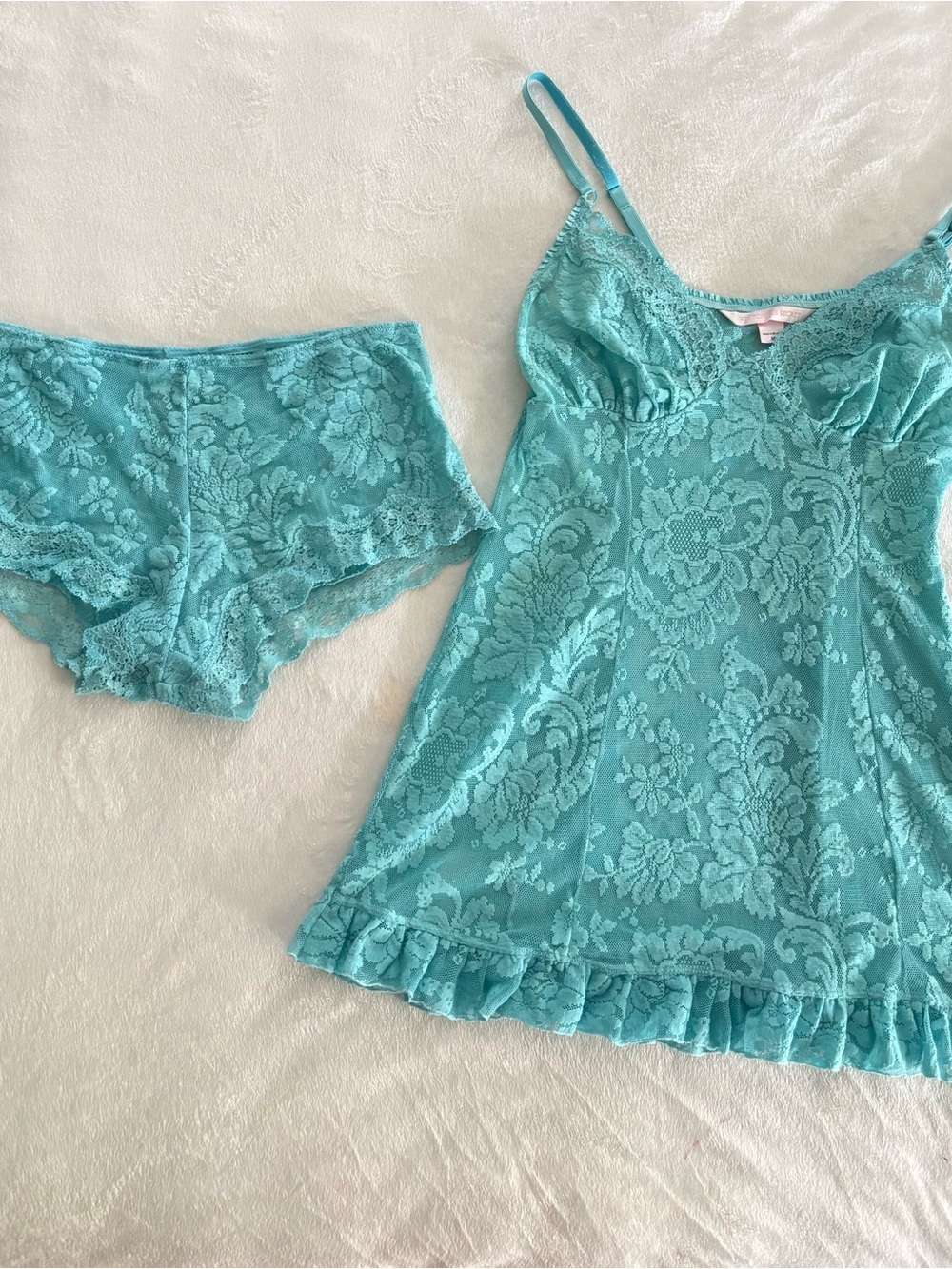 Vintage y2k 2002 Victoria's Secret Teal Lace Babydoll Chemise & Brief Set